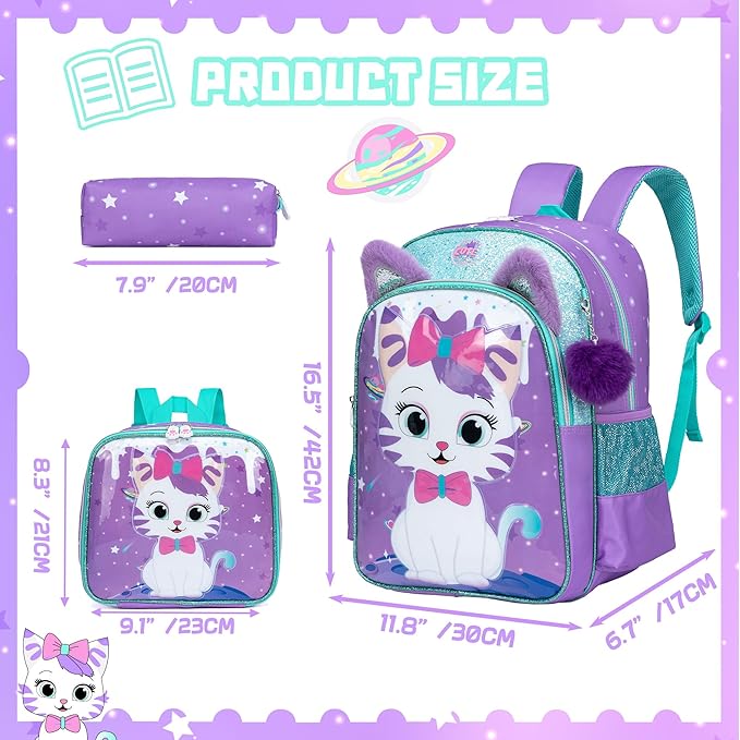 Backpack for School Backpacks for Girls Backpack with Lunch Box Cute Schoolbag for Kids School Supplies for Kids Cute Cat School Bag for Girls