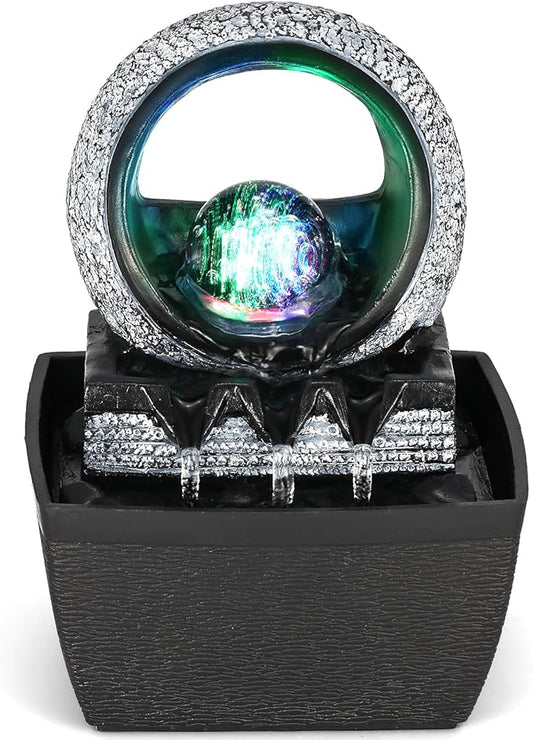 Tabletop Water Fountains, 3 Gears Desktop Fountain Indoor with Led Rolling Ball, Table Top Small Water Feature Interior Zen Relaxation Decor for Home Bedroom Living Room Office Apartment