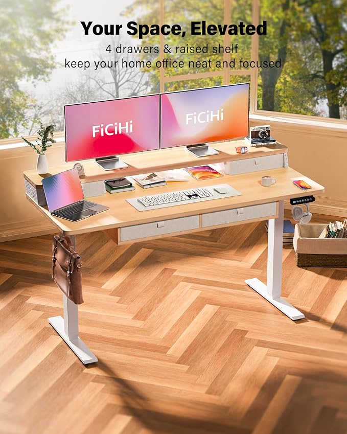 FiCiHi Electric Standing Desk with Four Drawers, 55 x 24 Inch Adjustable Height Sit Stand Desk, C-Clamp Compatible Home Office Desk with Storage Shelf & Monitor Stand Riser, Maple