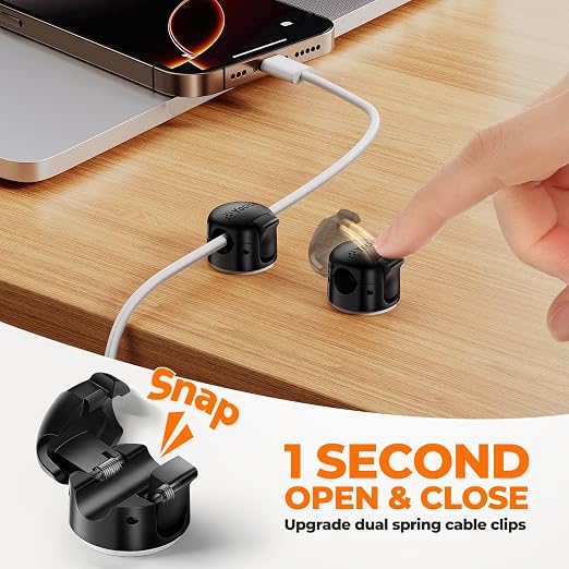 12 Pack Spring Cable Clips,Cord Organizer with Clasp Lock Desk Cable Management Cord Holder Adhesive Phone Charger Cord Clips for Home Office Car Wall Nightstand Accessories Black