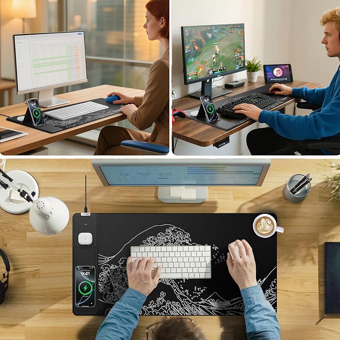Wireless Charging Mouse Pad with Phone Holder, 31.5"x15.8" in, Black Wave | Large Desk Mat for Laptop/Keyboard, Waterproof Ultra-Smooth Surface, Non-Slip Base