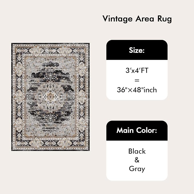 Washable 3x4 Area Rug for Entryway - Bedroom Rugs with Non Slip Rubber Backing for Kitchen Bathroom Indoor Soft Stain Resistant Carpet Rug for Pet Feeding Area and Distressed Floor Decor Black/Gray