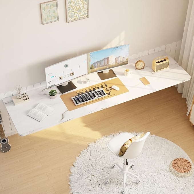 IAE Wall Mounted Floating Foldable Desk 72" x 22" Folding Computer Workstation Table with Engineered Wood and Metal Shelf Brackets,Fold&Floating Design for Home Office, Apartment,Laundry Room,White