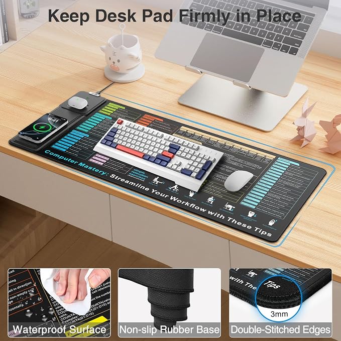Wireless Charging Mouse Pad with Foldable Phone Holder, 31.5"x15.8" in | XXL Excel Cheat Sheet Desk Mat for Laptop/Keyboard, Waterproof Ultra-Smooth Surface, Non-Slip Base