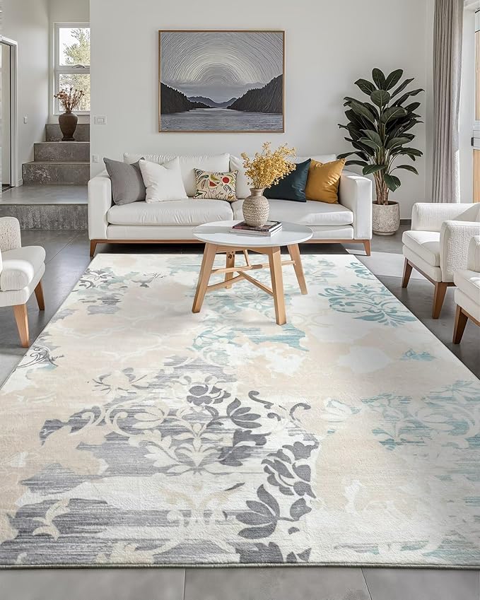 Macgace Washable Abstract Rug, 6x9 Ivory and Aqua Floral Area Rugs with Non-Slip Rubber Backed for Living Room, Low Pile Modern Throw Carpet Bedroom Dining Room Decor