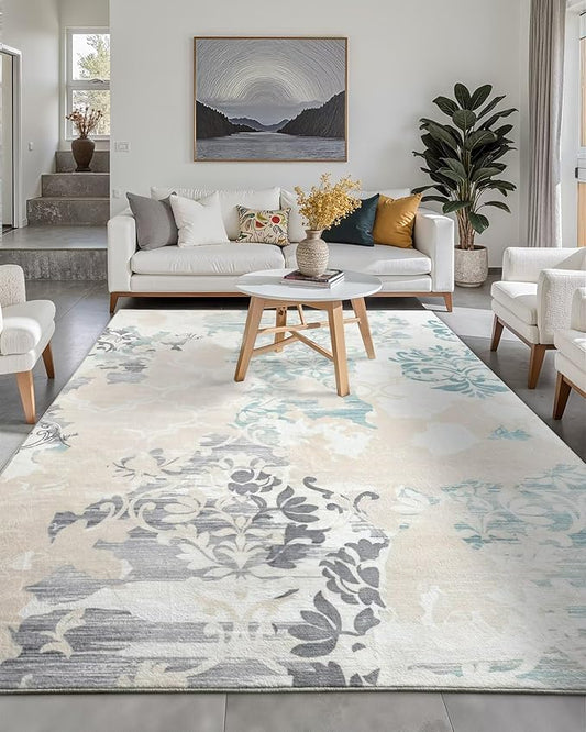 Macgace Washable Abstract Rug, 6x9 Ivory and Aqua Floral Area Rugs with Non-Slip Rubber Backed for Living Room, Low Pile Modern Throw Carpet Bedroom Dining Room Decor