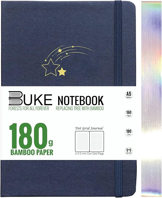BUKE Dot Grid Notebook Dotted Journal,180Gsm Bamboo White Paper, 5 * 5MM Dots 160 Pages,Colored Silver Edges, Bookmarks and Expandable Back Pocket,Shooting Stars