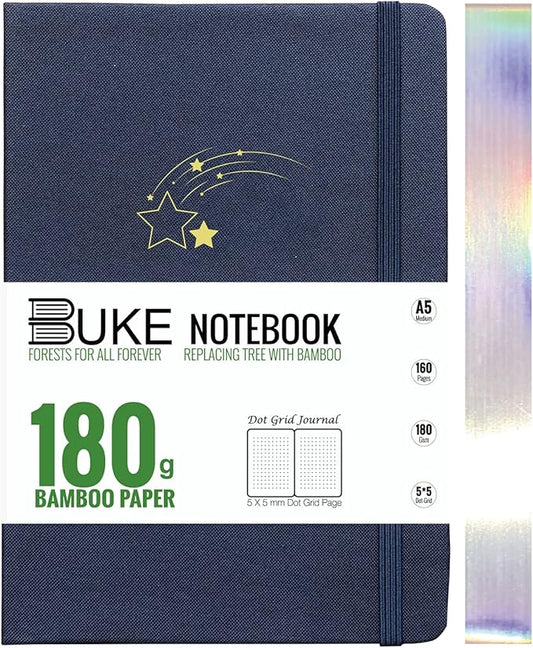 BUKE Dot Grid Notebook Dotted Journal,180Gsm Bamboo White Paper, 5 * 5MM Dots 160 Pages,Colored Silver Edges, Bookmarks and Expandable Back Pocket,Shooting Stars