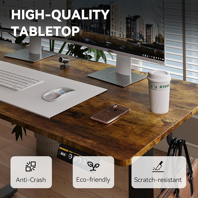 48 x 24 Inch Height Adjustable Standing Desk, 3 Presets, Brown | 48 x 24 in Desktop, 28.3–46.5 in Height, 2+3 Controls, ≤45 dB, 154 lb Capacity, 2 Hooks