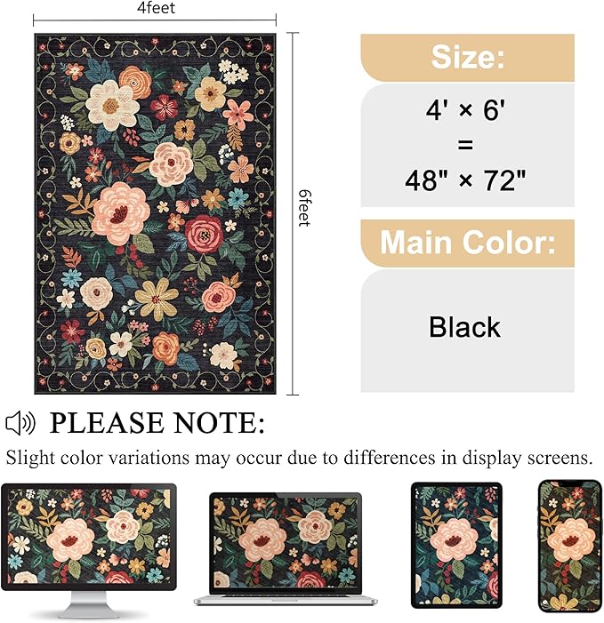 DUKINO 4x6 Feet Office Chair Mat, Lightweight Non Slip Washable Floral Area Rug, Indoor Low Pile & Non-Shedding Boho Design Rugs for Bedroom, Living Room, Dining Room, Black