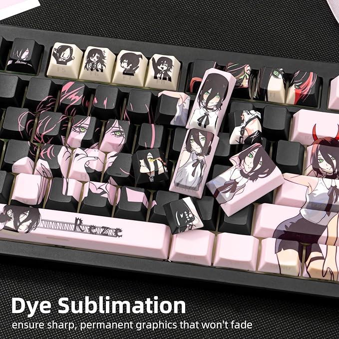 Purple Black Manga Japanese Theme Keycaps, PBT Keycaps 130 Keys Cherry Profile Dye - Sublimation Keycap Shine Through Custom Key Cap Set for Cherry Gateron MX Switches Mechanical Keyboard.