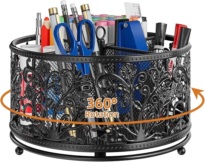 EKNITEY Pencil Holder for Desk - 360° Rotating Pen Holder Organizer Caddy | Sturdy Metal, Rotation Smooth, 4 Compartments, Non-Slip Base, Cute Floral Design, for Office Home Classroom School, Black