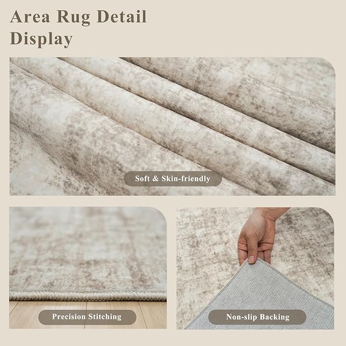 10x10 ft Square Living Room Rug – Washable Modern Abstract Area Rug for Bedroom, Dining Room, Playroom – Neutral Non-Slip Low-Pile Thin Indoor Carpet (Warm Beige)