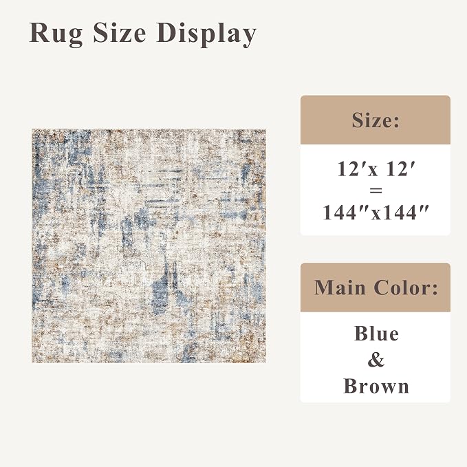 12x12ft Square Living Room Rug – Non-Slip Washable Extra Large Floor Carpet for Bedroom, Dining Room, Playroom Room – Modern Abstract Neutral Thin Low-Pile Oversized Indoor Rug (Blue Brown)