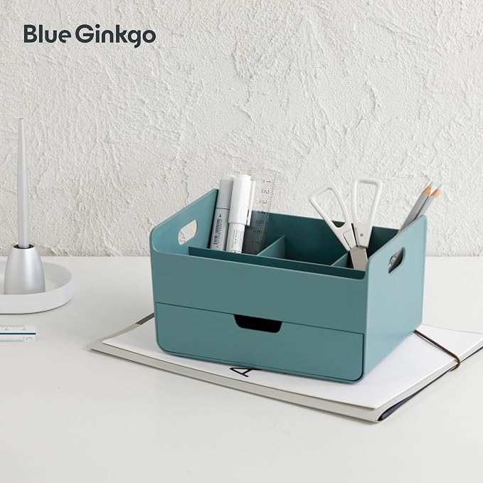 BLUE GINKGO Portable Desk Organizer, Green, Made in Korea | 3 Compartments. Half Drawer. Everyday Storage.