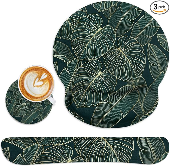 Britimes Ergonomic Mouse Pad Set with Wrist Rest Green Palm Leaves Non-Slip Rubber Base Wrist Cushion Support and Coasters Mousepad with Wrist Support for Computer Keyboard and Desk
