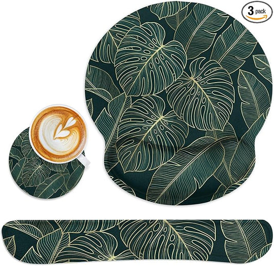 Britimes Ergonomic Mouse Pad Set with Wrist Rest Green Palm Leaves Non-Slip Rubber Base Wrist Cushion Support and Coasters Mousepad with Wrist Support for Computer Keyboard and Desk