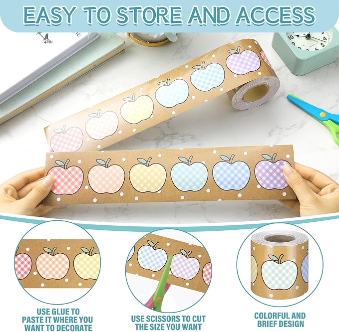Zonon 65.6 Ft Kraft Bulletin Board Border Pastel Gingham Apple Themed Classroom Decor Straight Border Trim for Office Whiteboard Walls Desks Windows Doors Lockers
