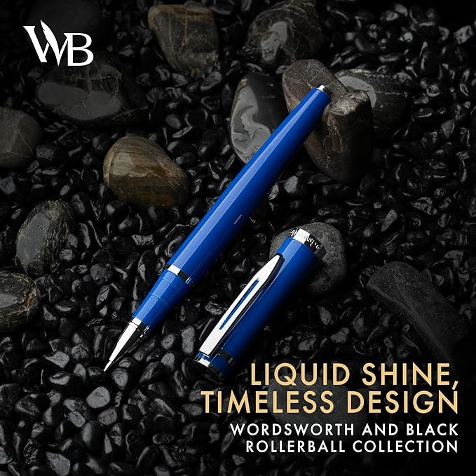 Wordsworth and Black Rollerball Pen - Luxury Pen - Chrome Finish, Blue Lacquer, Ink Refill, Refillable, Gift for Men & Women, Professional Writing, Nice and Fancy Pens and for Work