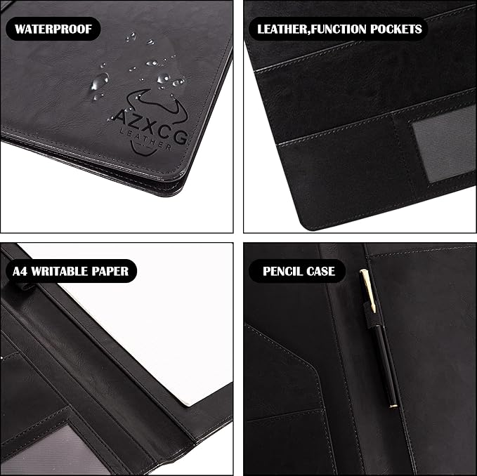 AZXCG Leather Padfolio Portfolio Binder,Interview Resume Folder with Business Card Holder,Portfolio Folder with Document Organizer,A4 Legal Pad Holder for Men &Women