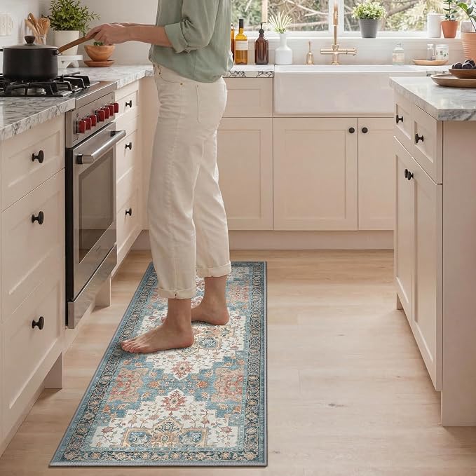GENIMO Kitchen Rugs Non Slip Washable, 2PCS Kitchen Mats for Floor, Cushioned Standing Mat, Kitchen Runner Rug Floor Mat for Kitchen Decor, Laundry, Sink, Entryway, Home, 20"x32"+20"x48", Blue&Salmon