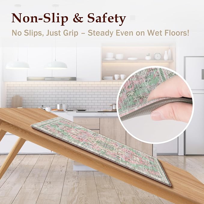 Boho Kitchen Mats for Floor 2 Piece Set Anti Fatigue Cushioned PVC Kitchen Rugs Non Slip Waterproof Farmhouse Mats 2/5 Inch Comfort Standing Mat for Sink, Laundry, 17.3"x47"+17.3"x28", Green Pink