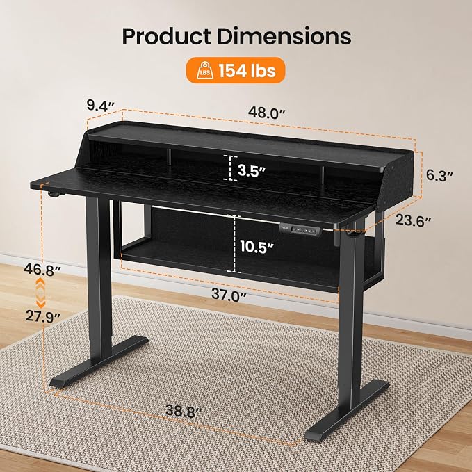 ErGear Electric Standing Desk, 48x24 Inch Adjustable Sit Stand Desk with Bookshelf & Monitor Stand, Standing Gaming Desk with LED Light Strip, Stand Up Desk for Home Office, Black | Raised Monitor Stand, 27.9–46.9 Inch Height Range, 4 Memory Presets, 1...