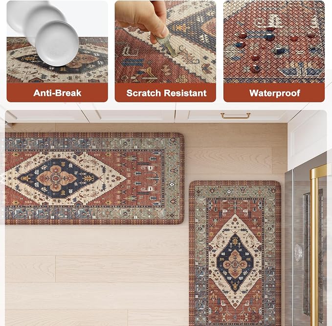 KIMODE Farmhouse Kitchen Mats, Anti Fatigue Kitchen Rugs Sets of 2, Non Slip Waterproof Kitchen Floor Mats, Ergonomic Cushioned Comfort Standing Mat, Red Laundry Room Rug for Office, Sink, Desk