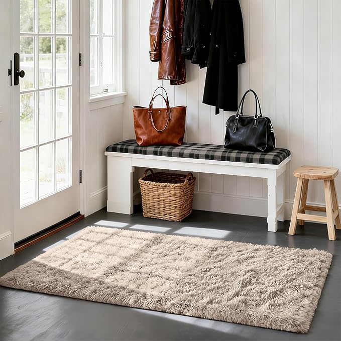 Fluffy Rug Shag Area Rug, Beige 3x5 Area Rugs for Bedroom, Small Bedside Rug, Soft Fluffy Shag Entryway Throw Rugs for Living Room Bedroom Room Home Decor