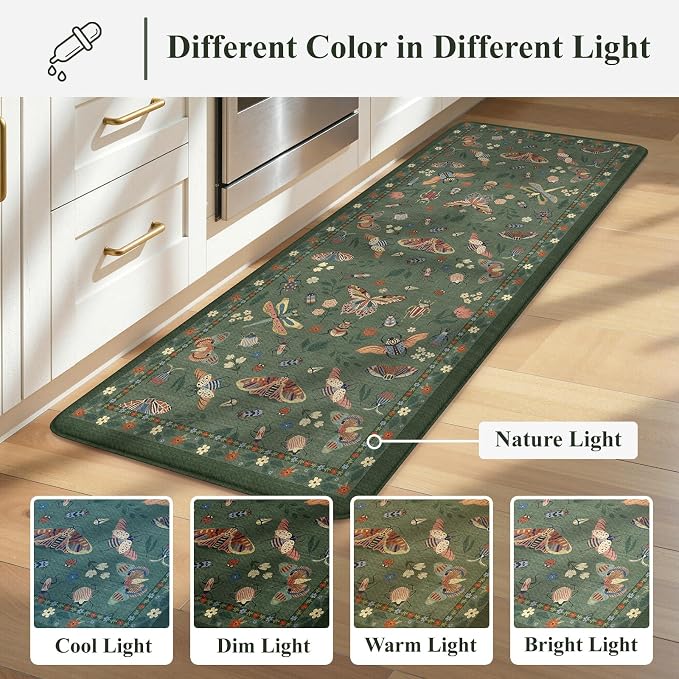 LEEVAN Anti Fatigue Mats for Kitchen Floor Non-Slip, Cushioned Kitchen Mats for Floor 2 Piece, Green Memory Foam Kitchen Mat Set, Waterproof Ergonomic Standing Mat for Bar, Office,Desk, Laundry