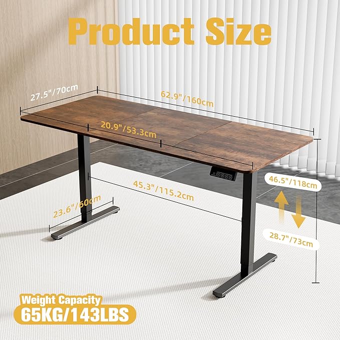 63"x28" Standing Desk, Height Adjustable Sit-Stand Home Office, Brown | Electric Adjustable Standing Desk, Sit to Stand Computer Office Desk with Splice Board, Memory Preset, Lifts 28.7''-46.5"