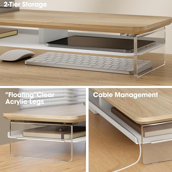 Fenge 42.5" Dual Monitor Stand with Clear Acrylic Legs, Oak | Clear Acrylic, Storage Compartment, 2-tier Home Office Monitor Riser, Wide Large Desktop Shelf Fit Monitor/Laptop/Printer