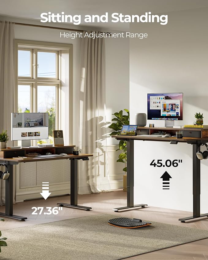 FEZIBO 60 x 24 Inch Height Adjustable Electric Standing Desk with Double Drawer, Stand up Home Office Computer Desk with 4 Height-Adjustable Feets & 2 Hooks, Rustic Brown