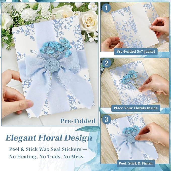 Wedding Invitation Accessories Kit, Pre-Folded Vellum Jackets for 5×7 Invitations with Wax Seal Stickers, Ribbon & Dried Flowers, Elegant Wedding Invitation Accessories for DIY Bridal Invites (Blue-Rose, 50)