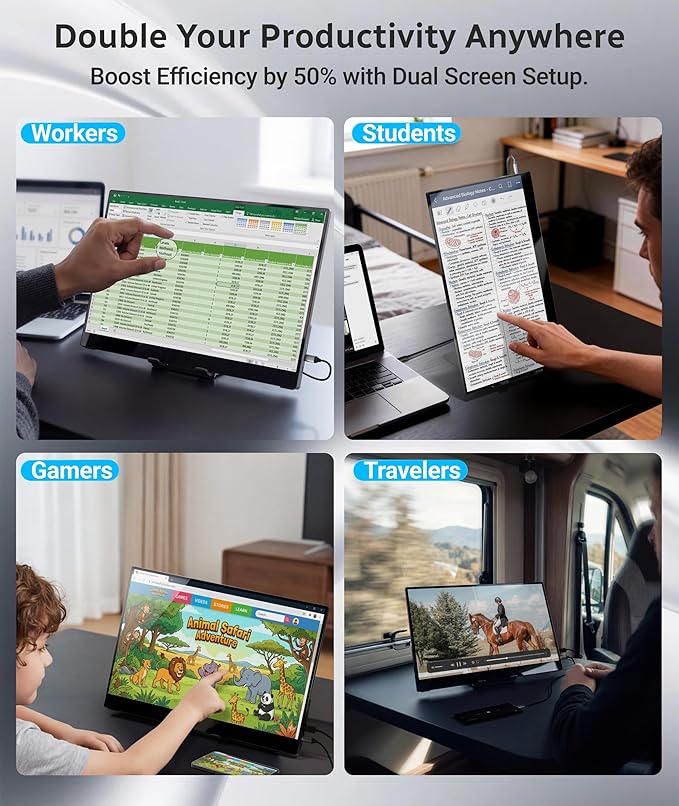 Ingnok Portable Monitor,15.6 inch 10 Point Touchscreen, FHD 1080P Laptop Screen Extender,Multi-Touch Gestures for Laptop,Mac, DC Dimming EyeCare, Adjustable Stand,USB C HDMI | FHD 1080P,USB C mini HDMI for Laptop,Mac,mini PC,Built in Speakers,with Adju...