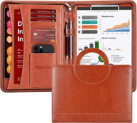 Darolin Vegan Leather Padfolio Portfolio with Handle, Zipper -Brown | Business Portfolio Organizer for Meetings, Interviews, Travel, Resume, Clipboard Fits A4, Letter Size, Padfolio for Men Women