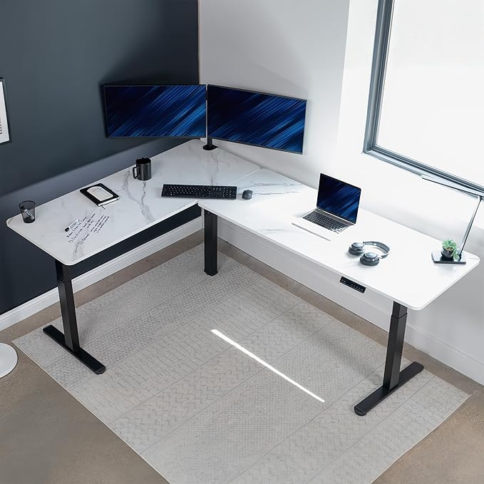 VIVO Electric Height Adjustable 83 x 60 inch Corner Stand Up Desk, 2 White Marble Dry Erase Solid Table Tops, Black Frame, Memory Controller, L-Shaped Workstation, 3E Series, DESK-KIT-3E8BWM