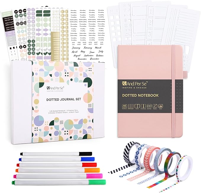 &And Per Se A5 Hardcover Dotted Notebook with 25+ Accessories - 6 Pens, Stickers, Stencils, Washi Tapes & Gift Box Included | Dotted Journal Kit for Beginners, Adults, Premium Gift Set (Pink)