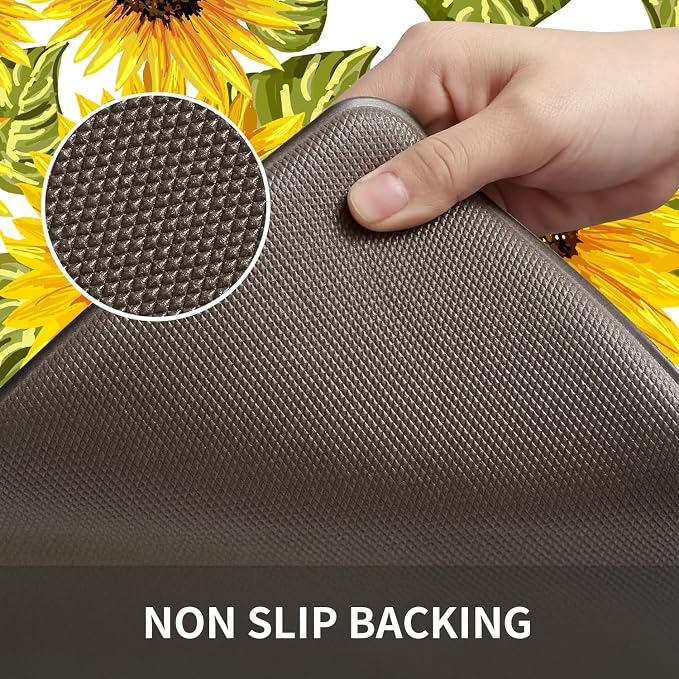 Sunflower Kitchen Decor Kitchen Mat, Cushioned Anti Fatigue Non-Slip | Bright Sunflower Pattern,Yellow docor,Cushioned Comfort,Non-Slip Backing,Waterproof Surface,Easy Clean,Kitchen Sink,Laundry