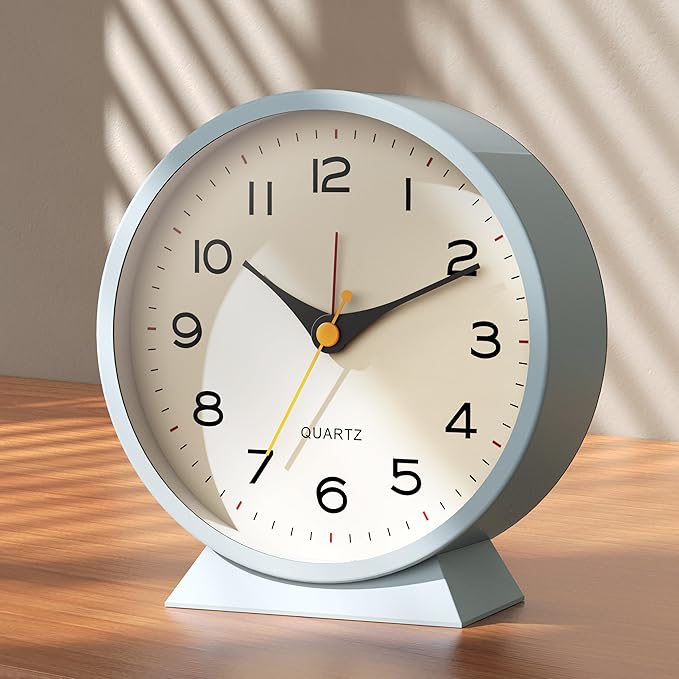 AYRELY® 4.5" Analog Alarm Clock, Small Retro Desk Clock and Table Clock | Battery Operated, Silent Metal Table Clock with Light for Living Room Decor, Bedroom, Bedside and Shelf(Light Blue)