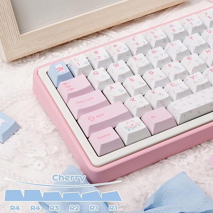 PBT Japanese Keycaps, Pink White Keycap, Floral Prints Custom Keycap Set 145 Full Keys, Cute Keycaps, Cherry Profile Keyboard Key Cap for Cherry Gateron MX Switches Mechanical Keyboard