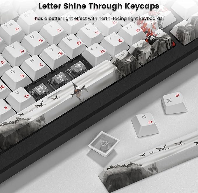 Womier PBT Keycaps Set 130 Keys, Custom White Japanese Keyboard Doubleshot Dye Sub Side Print Shine Through Keycaps 60 65 75 100 Percent, Cherry Profile