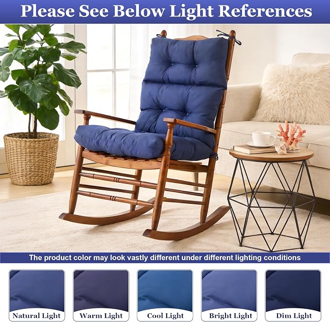 Rocking Chair Cushion, Waterproof and Fade-Resistant Adirondack Rocker Cushions, Indoor/Outdoor Rocking Chair Pads, High Back Memory Foam Patio Furniture Cushions with Ties, 44x23x4 Inch, Navy Blue