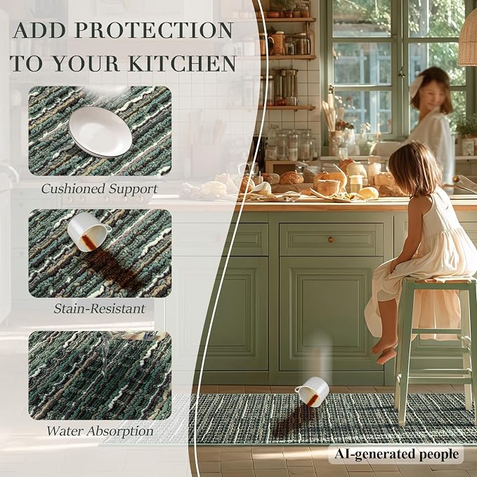 Kitchen Rugs Sets of 2-Non Slip Kitchen Mats for Floor-Thick Stain Resistant Vintage Kitchen Floor Mat Runner Carpet for Hallways Entryway Laundry Room Washable（Green 24"x79"+20"x47"）