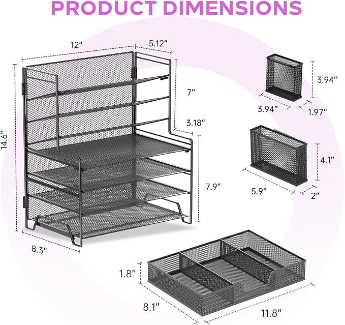 7-Tier Desk Organizer with 3 Pen Holders, Metal Letter Tray, Black | Metal Mesh File Organizer with 3 Side Holders for Paper, Notes, Pens and Office Supplies at Home, School or In the Classroom
