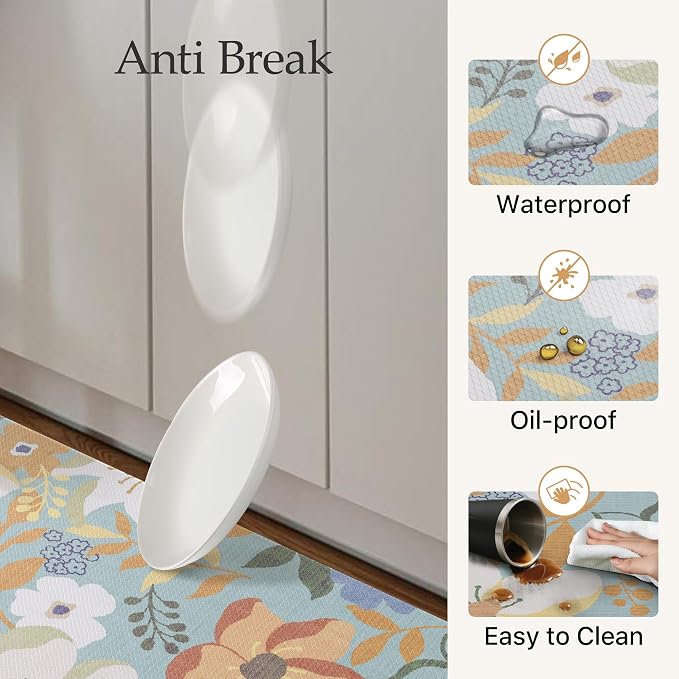 GENIMO Anti Fatigue Kitchen Mats for Floor 2PCS, Cushioned Standing Mats | 17.3"x47"&17.3"x30", Aqua vintage floral rug set, waterproof, non slip, easy-clean for farmhouse