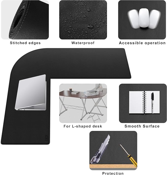 Cacoy L Shaped Computer Desk Pad, 35.4"x39.4" PU Leather Corner Desk Mat, Large L-Shaped Gaming Mouse Pad for Office and Home, Black
