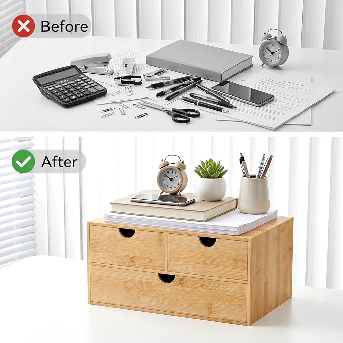 Desk Organizer with Drawers - Bamboo Desktop Organizer Storage | White-Natural Wood Desk Drawers Organizer for Bills, Office Supplies, Cosmetics, Seals No Assembly Required