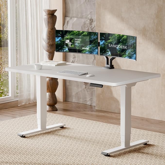 SANODESK Dual Motor Standing Desk 220lbs Height Adjustable Desk | 60"x24" Spacious One-Piece White Desktop & White Frame, 4 Memory Presets, 3-Stage Legs, 220lbs, 2-Box for Home & Office