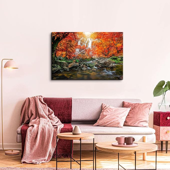Waterfall Wall Art Sunset Nature River Landscape Picture Bedroom Decor 24x36" Autumn Forest Mountain Canvas Kitchen Modern Artwork Burnt Orange Maple Tree Scenery Painting Living Room Home Decoration